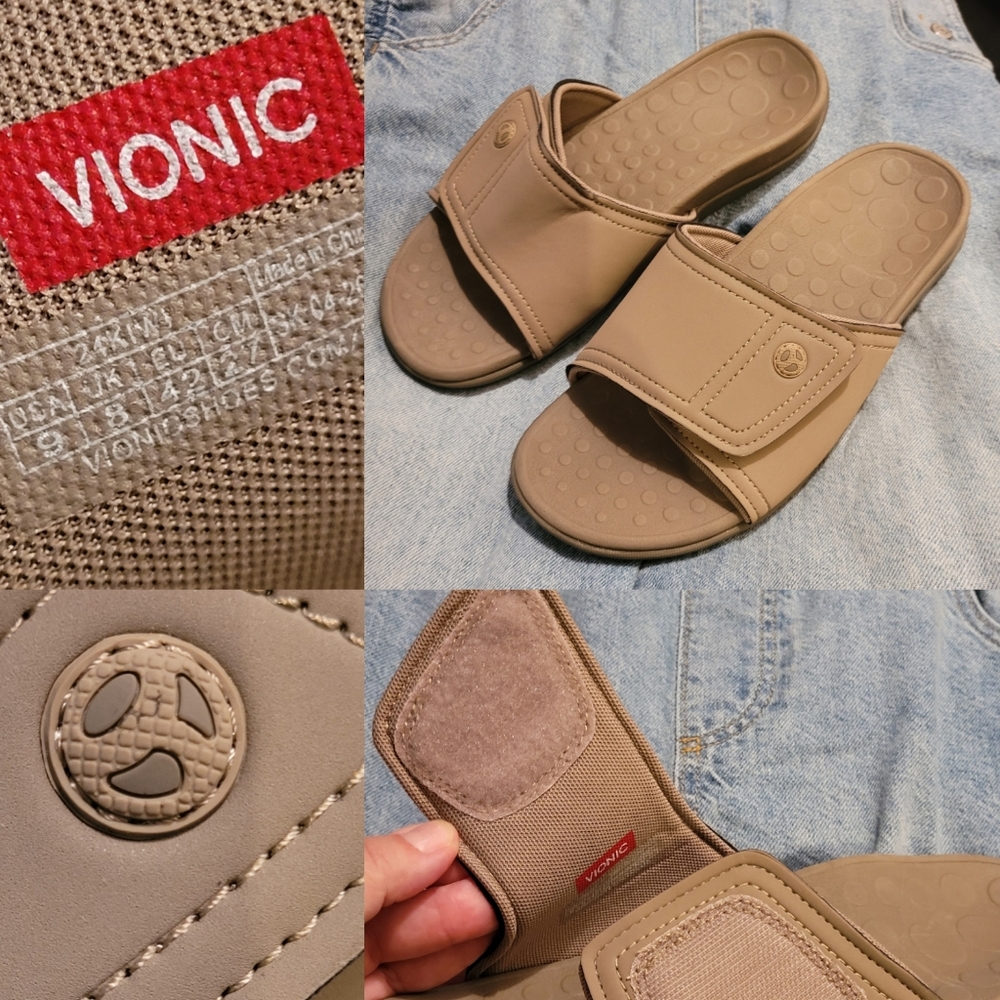 NEW 9 VIONIC faux Leather velcro adjustable slip on slides comfort sandals NWT